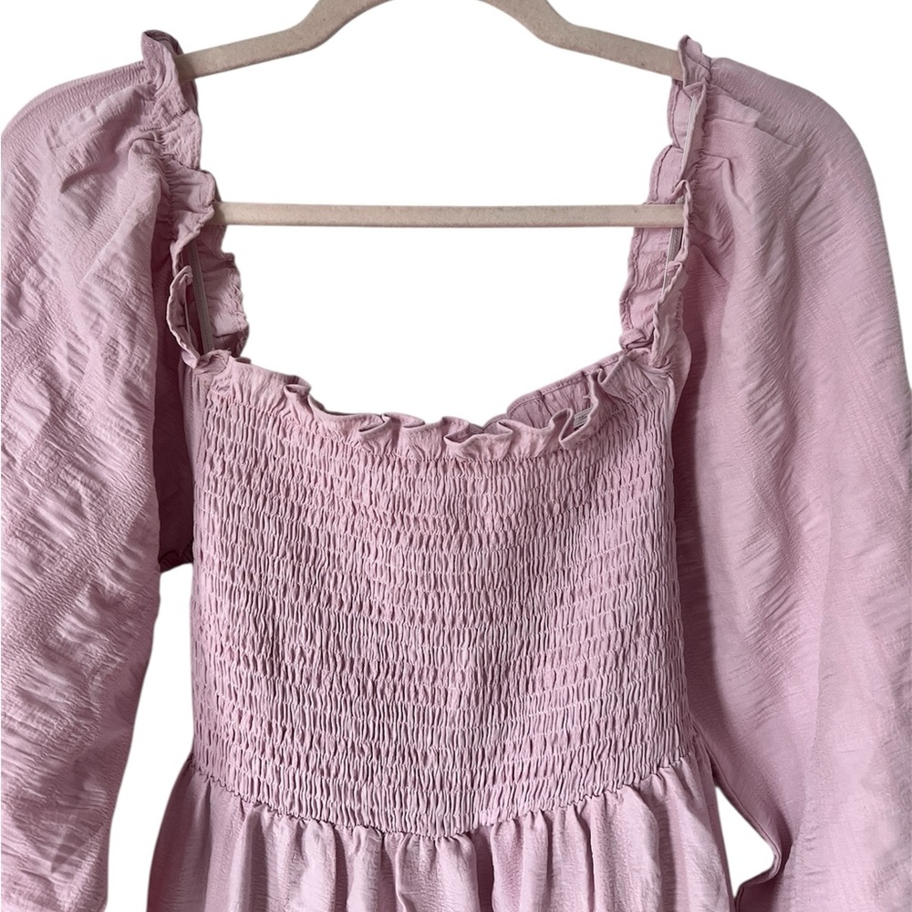 Urban Outfitters Pale Pink Gabriella Smocked‎ Tiered Midi Dress Long Sleeves SM - Picture 4 of 7
